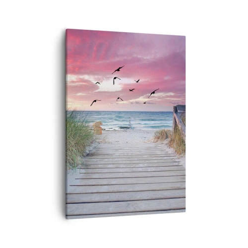 Obraz na płótnie - Drewniany pomost prowadzący na plażę o zachodzie słońca - 50x70cm - Bałtycka impresja - Nowoczesna dekoracja ścienna do salonu, kuchni i sypialni ARTTOR