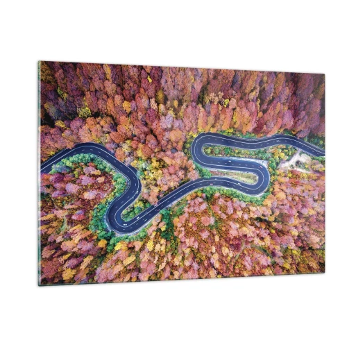 Obraz na szkle - Kręta droga wśród kolorowych jesiennych drzew z lotu ptaka - 120x80cm - Krętą drogą poprzez las - Nowoczesna dekoracja ścienna do salonu, kuchni i sypialni ARTTOR