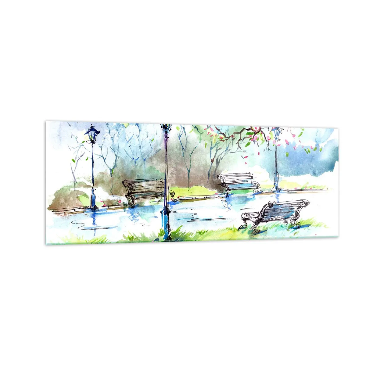 Obraz na szkle - Akwarelowa scena parku z ławkami i lampami - 140x50cm - Czar parkowej ciszy - Nowoczesna dekoracja ścienna do salonu i sypialni ARTTOR