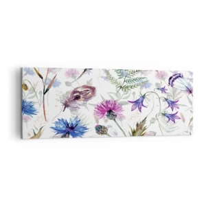 Obraz na płótnie - Akwarelowe kwiaty i zioła na białym tle w stylu zielnika - 140x50cm - Polski zielnik - Nowoczesna dekoracja ścienna do salonu i sypialni ARTTOR