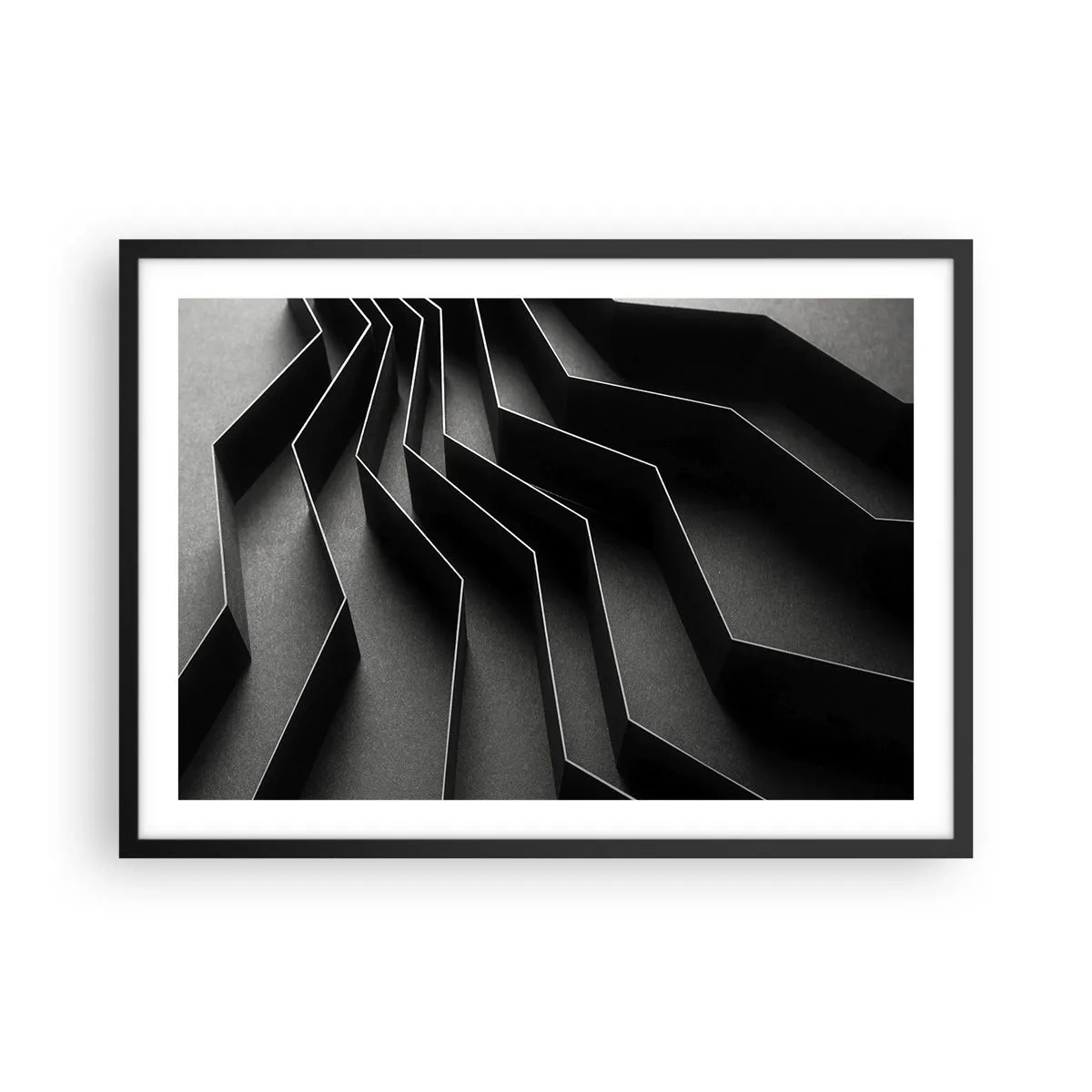 Plakat w czarnej ramie - Czarno-biała abstrakcja z geometrycznymi strukturami - 70x50cm - Przestrzenny porządek - Nowoczesna dekoracja ścienna do salonu i sypialni ARTTOR