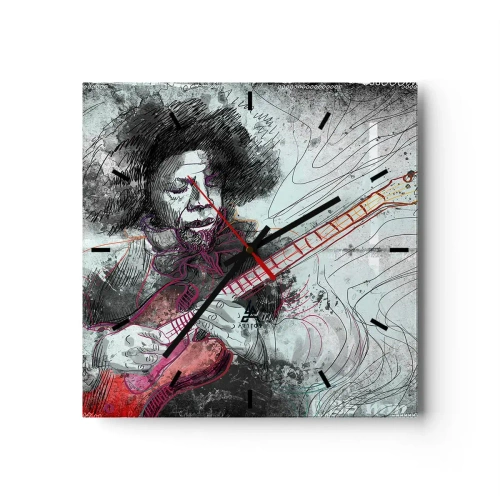 Zegar ścienny - Artystyczny portret gitarzysty w technice szkicu - 30x30cm - Na falach muzyki - Nowoczesna dekoracja ścienna do salonu i sypialni ARTTOR