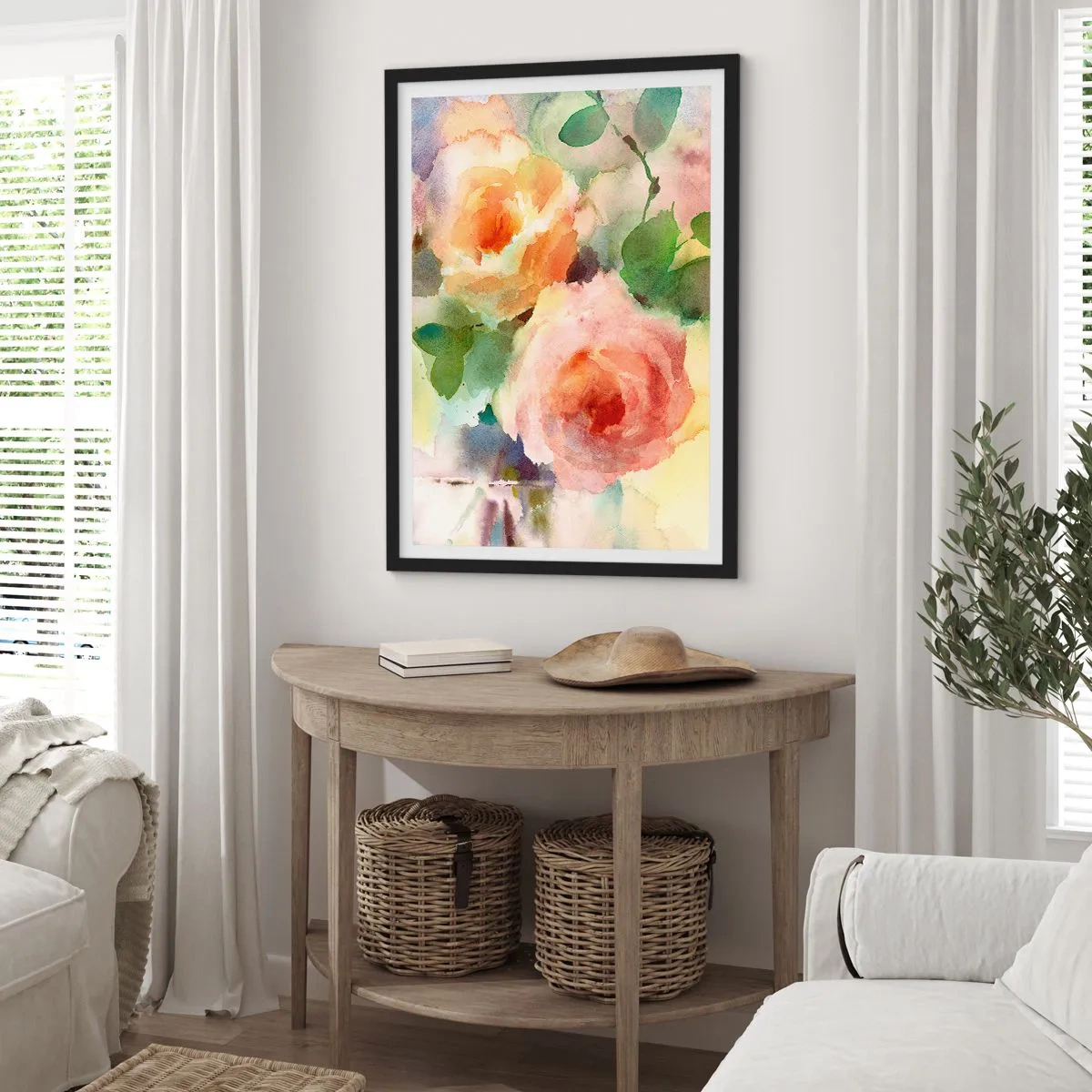 Plakat w czarnej ramie - Akwarelowe kwiaty w pastelowych barwach - 50x70cm - Delikatne jak akwarela - Nowoczesna dekoracja ścienna do salonu i sypialni ARTTOR