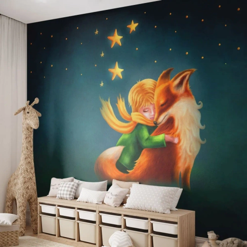 Fototapeta Premium Sand - Chłopiec z lisem na tle nocnego nieba i gwiazd - 100x70cm - Mały Książę - Nowoczesna dekoracja ścienna do salonu, kuchni i sypialni ARTTOR