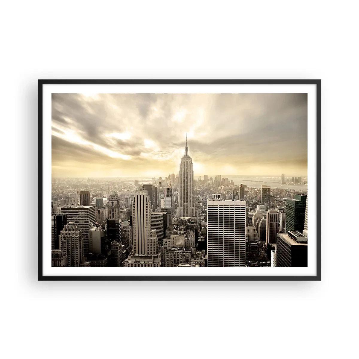 Plakat w czarnej ramie - Panorama miasta z widokiem na Empire State Building - 100x70cm - Nowy Jork utkany z szarości - Nowoczesna dekoracja ścienna do salonu i sypialni ARTTOR