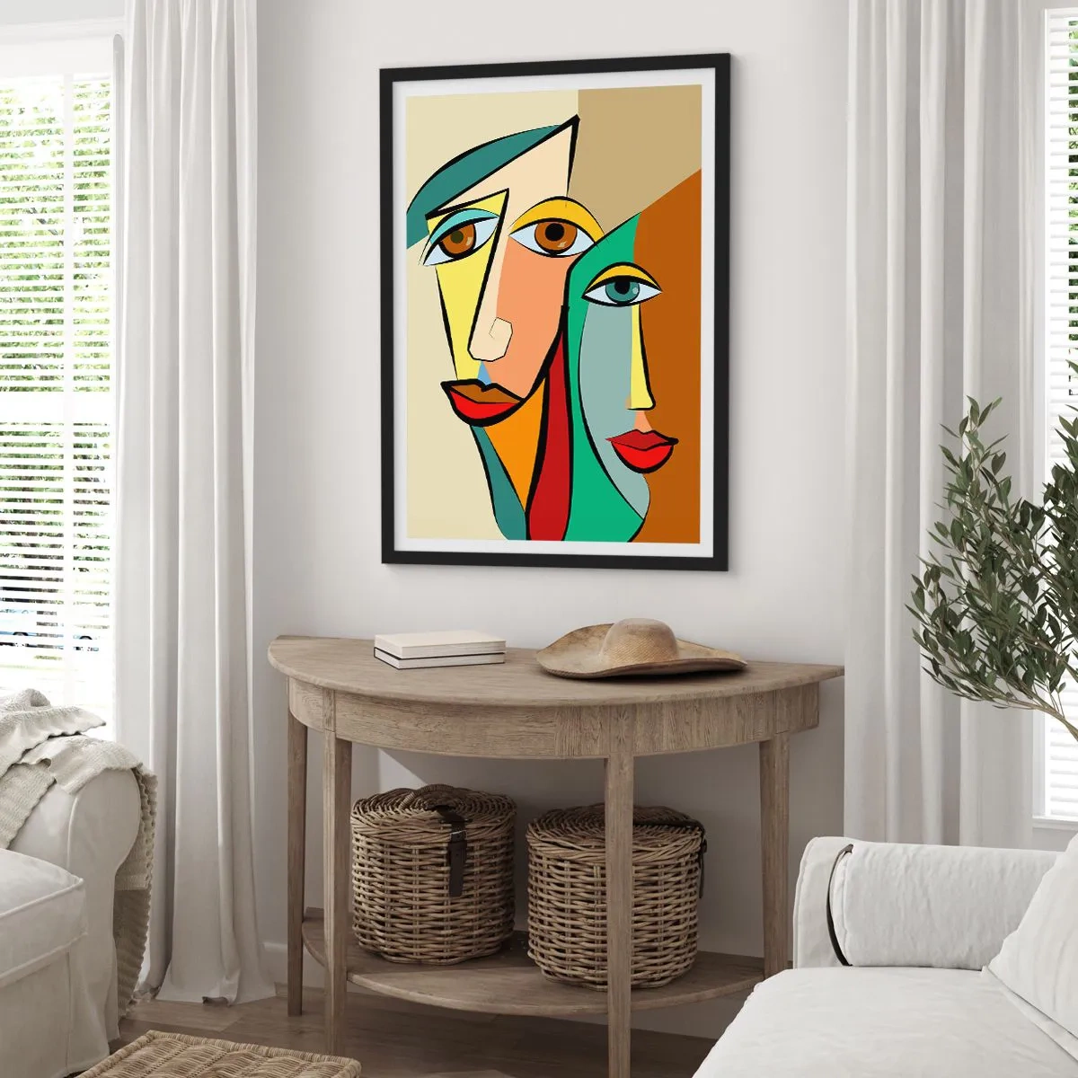 Plakat w czarnej ramie - Abstrakcyjne twarze w stylu kubistycznym w ciepłych barwach - 50x70cm - Kubistyczna para - Nowoczesna dekoracja ścienna do salonu i sypialni ARTTOR