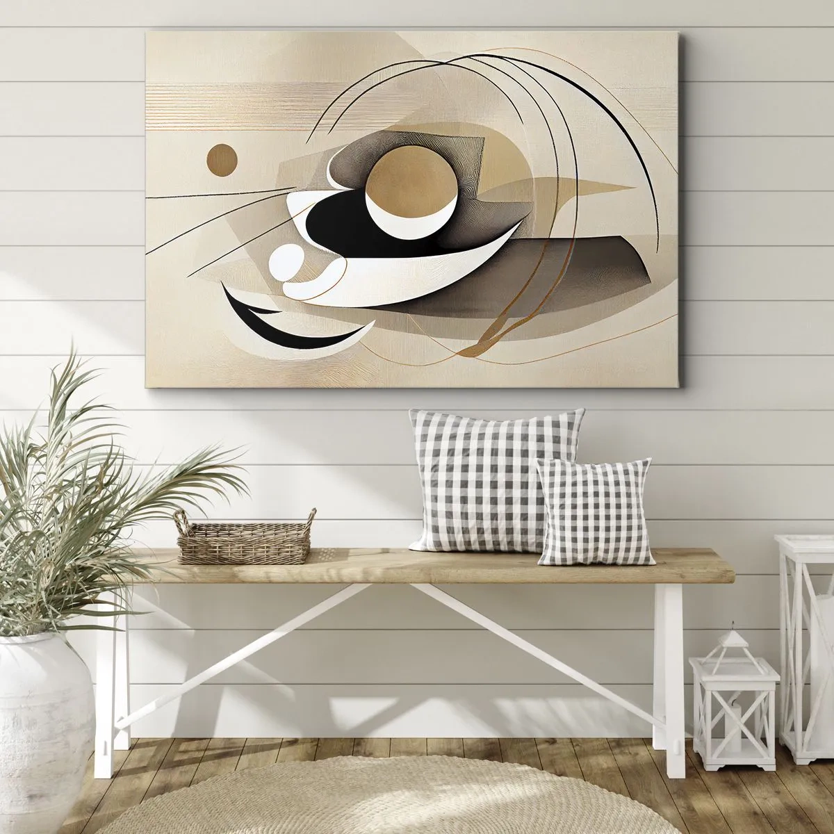 Obraz na płótnie - Abstrakcyjna kompozycja w odcieniach beżu i czerni - 70x50cm - Kompozycja: istota rzeczy - Nowoczesna dekoracja ścienna do salonu i sypialni ARTTOR