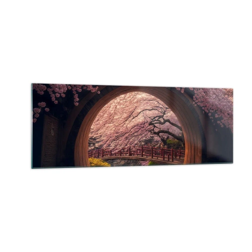 Obraz na szkle - Tradycyjny japoński most otoczony kwitnącymi wiśniami - 140x50cm - Japońska wiosna - Nowoczesna dekoracja ścienna do salonu i sypialni ARTTOR