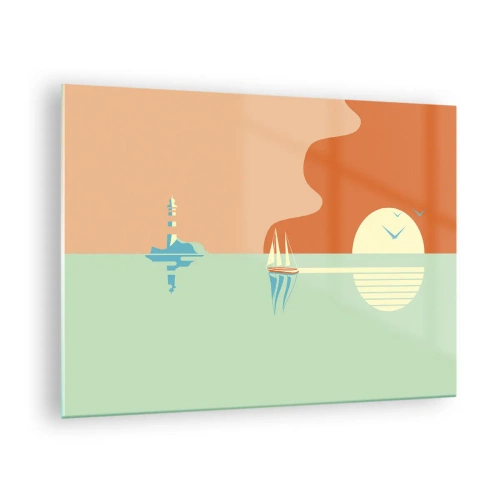 Obraz na szkle - Minimalistyczny zachód słońca z żaglówką i latarnią - 70x50cm - Morski pejzaż idealny - Nowoczesna dekoracja ścienna do salonu i sypialni ARTTOR