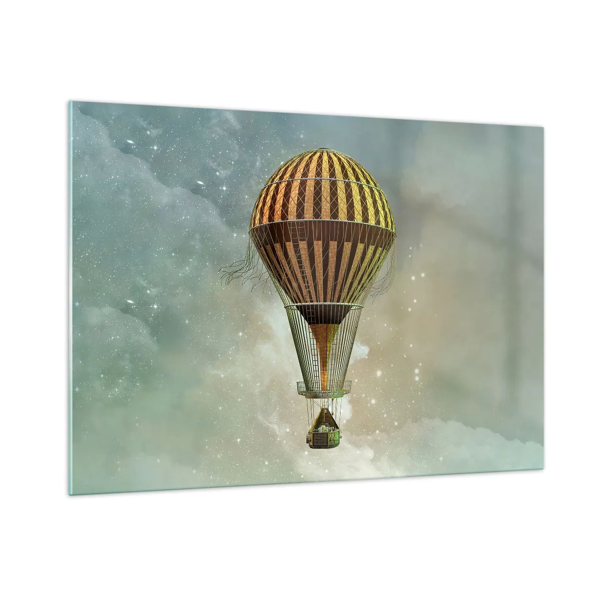 Obraz na szkle - Stylizowany balon na tle gwiaździstego nieba i chmur - 100x70cm - Pionierskie loty - Nowoczesna dekoracja ścienna do salonu, kuchni i sypialni ARTTOR