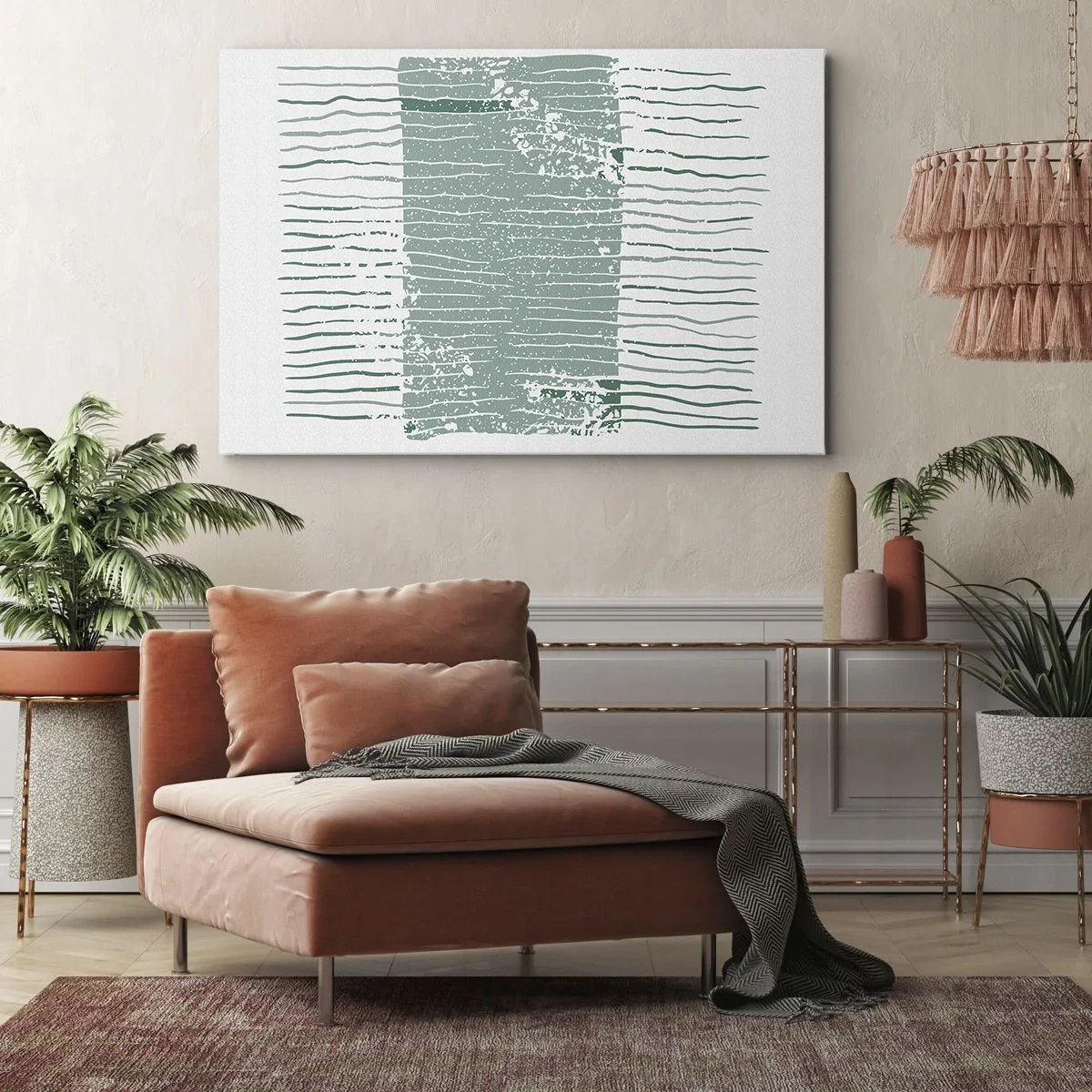 Obraz na płótnie - Geometryczny wzór w odcieniach morskiej zieleni i bieli - 70x50cm - Abstrakcja morska - Nowoczesna dekoracja ścienna do salonu i sypialni ARTTOR