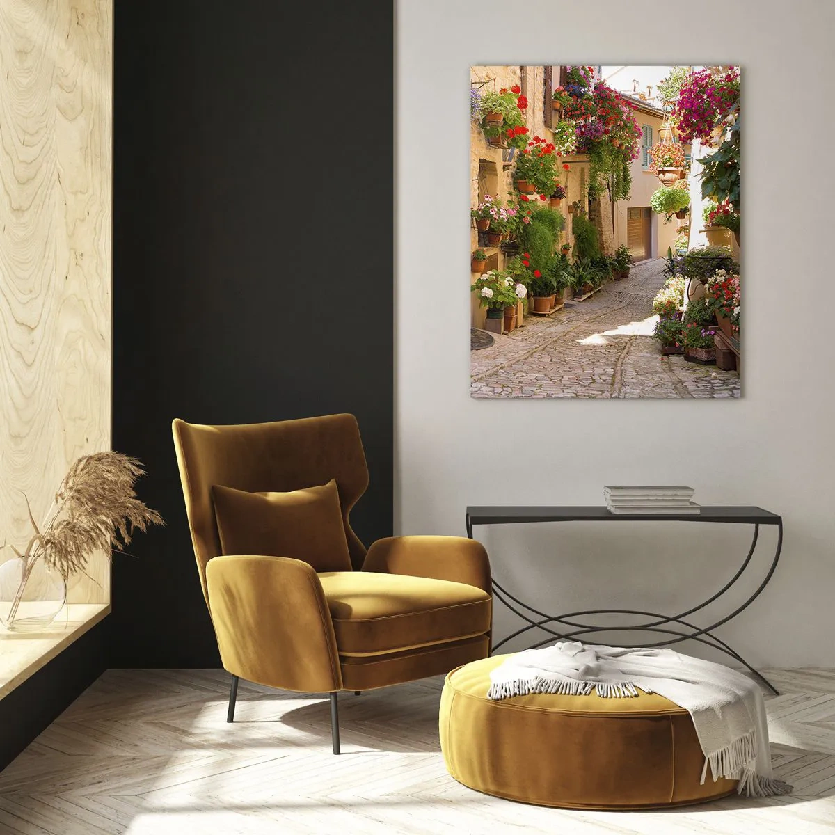 Obraz na szkle - Malownicza uliczka z kwiatami w doniczkach - 50x70cm - W kwiatów powodzi - Nowoczesna dekoracja ścienna do salonu, kuchni i sypialni ARTTOR