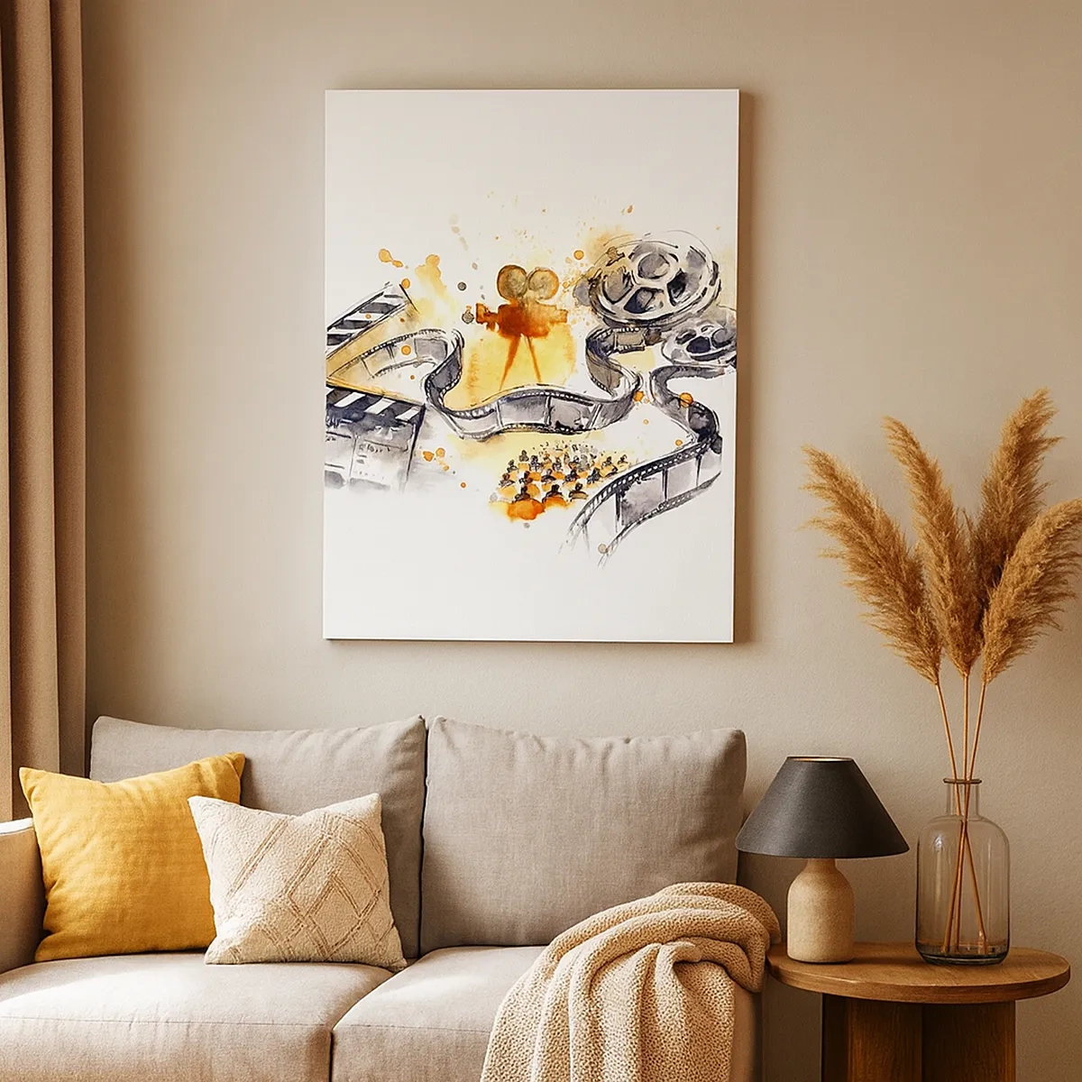 Obraz na płótnie - Artystyczna scena z taśmą filmową i kamerą, pełna energii - 50x70cm - W krainie snów - Nowoczesna dekoracja ścienna do salonu, kuchni i sypialni ARTTOR