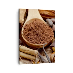Obraz na płótnie - Drewniana łyżka z kakaowym proszkiem i przyprawami - 50x70cm - Najlepsza na smutki - Nowoczesna dekoracja ścienna do salonu, kuchni i sypialni ARTTOR