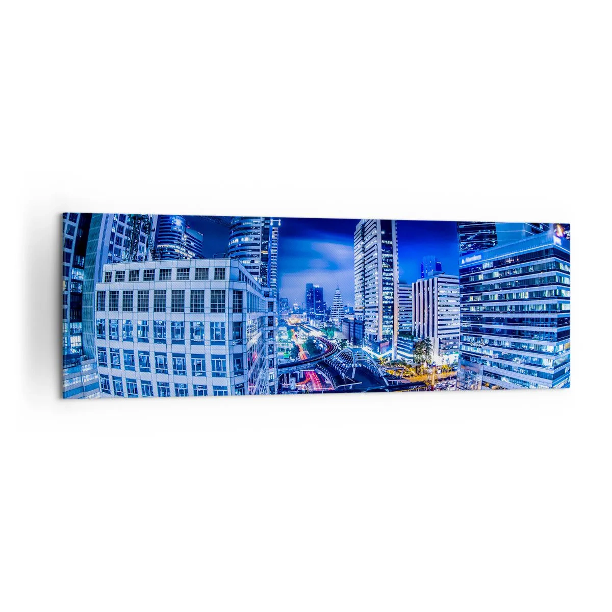 Obraz na płótnie - Nocna panorama miasta z drapaczami chmur i światłami ulic - 160x50cm - Rytmy nocnego miasta - Nowoczesna dekoracja ścienna do salonu i sypialni ARTTOR