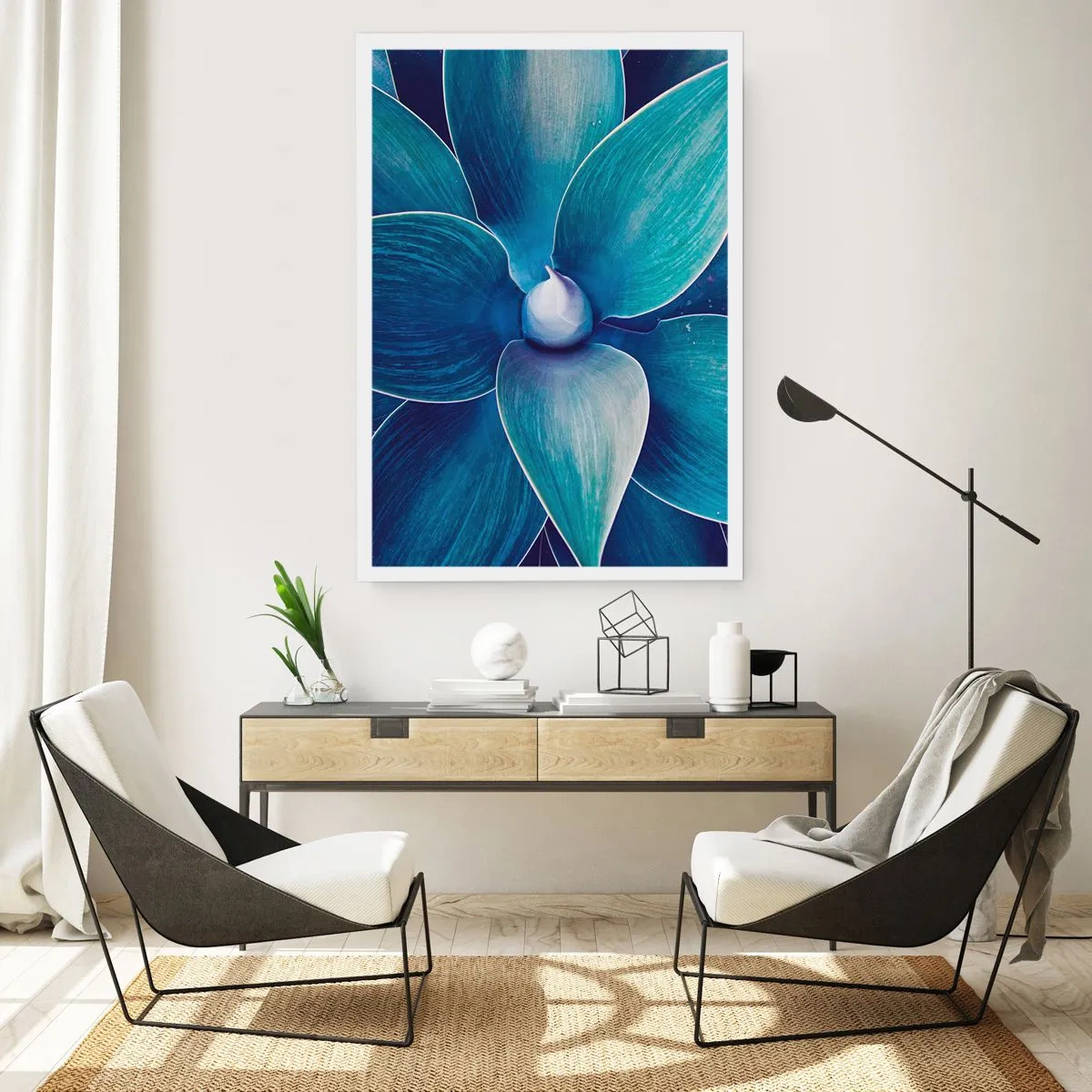 Plakat - Detal dużego kwiatu w odcieniach niebieskiego - 50x70cm - Zbłękitniały od nieba - Nowoczesna dekoracja ścienna do salonu, kuchni i sypialni ARTTOR
