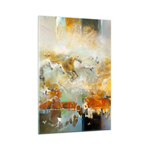 Obraz na szkle - Artystyczne konie w dynamicznej scenerii pełnej kolorów - 80x120cm - Galopem przez światło - Nowoczesna dekoracja ścienna do salonu i sypialni ARTTOR