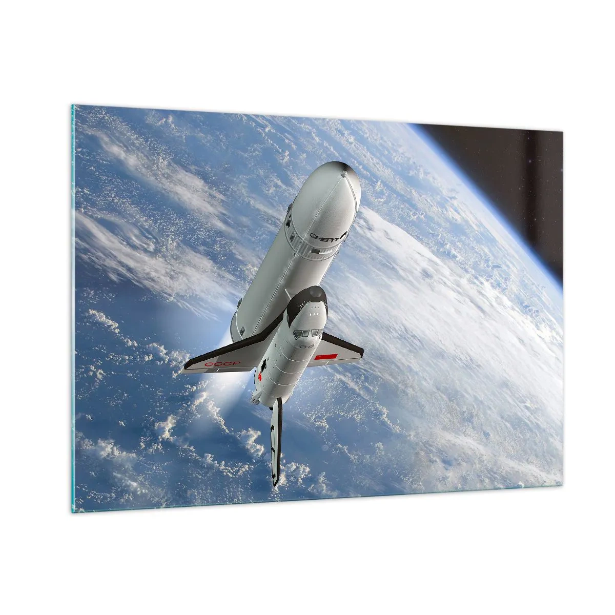 Obraz na szkle - Prom kosmiczny startujący na tle Ziemi w przestrzeni kosmicznej - 100x70cm - Kosmiczne wniebowstąpienie - Nowoczesna dekoracja ścienna do salonu, kuchni i sypialni ARTTOR