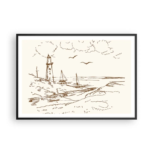 Plakat w czarnej ramie - Szkic latarni morskiej z widokiem na morze - 100x70cm - Zarys wspomnienia lata - Nowoczesna dekoracja ścienna do salonu i sypialni ARTTOR