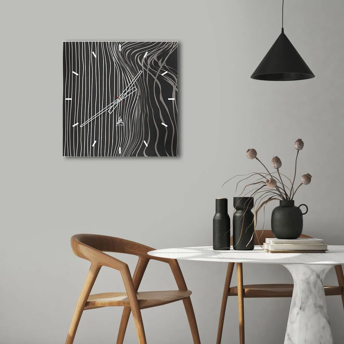 Zegar ścienny - Białe linie na ciemnoszarym tle w abstrakcyjnym układzie - 30x30cm - Rytm i akcent - Nowoczesna dekoracja ścienna do salonu i sypialni ARTTOR