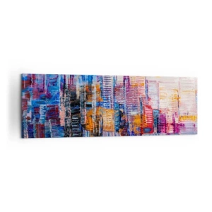 Obraz na płótnie - Kolorowa panorama miasta z refleksami na wodzie - 160x50cm - Radosna metropolia - Nowoczesna dekoracja ścienna do salonu i sypialni ARTTOR