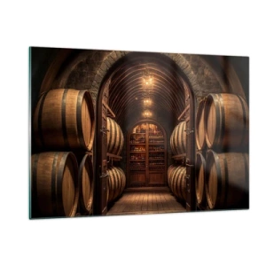 Obraz na szkle - Winnica z beczkami i oświetloną piwnicą pełną butelek - 120x80cm - Klimatyczna piwnica - Nowoczesna dekoracja ścienna do salonu, kuchni i sypialni ARTTOR