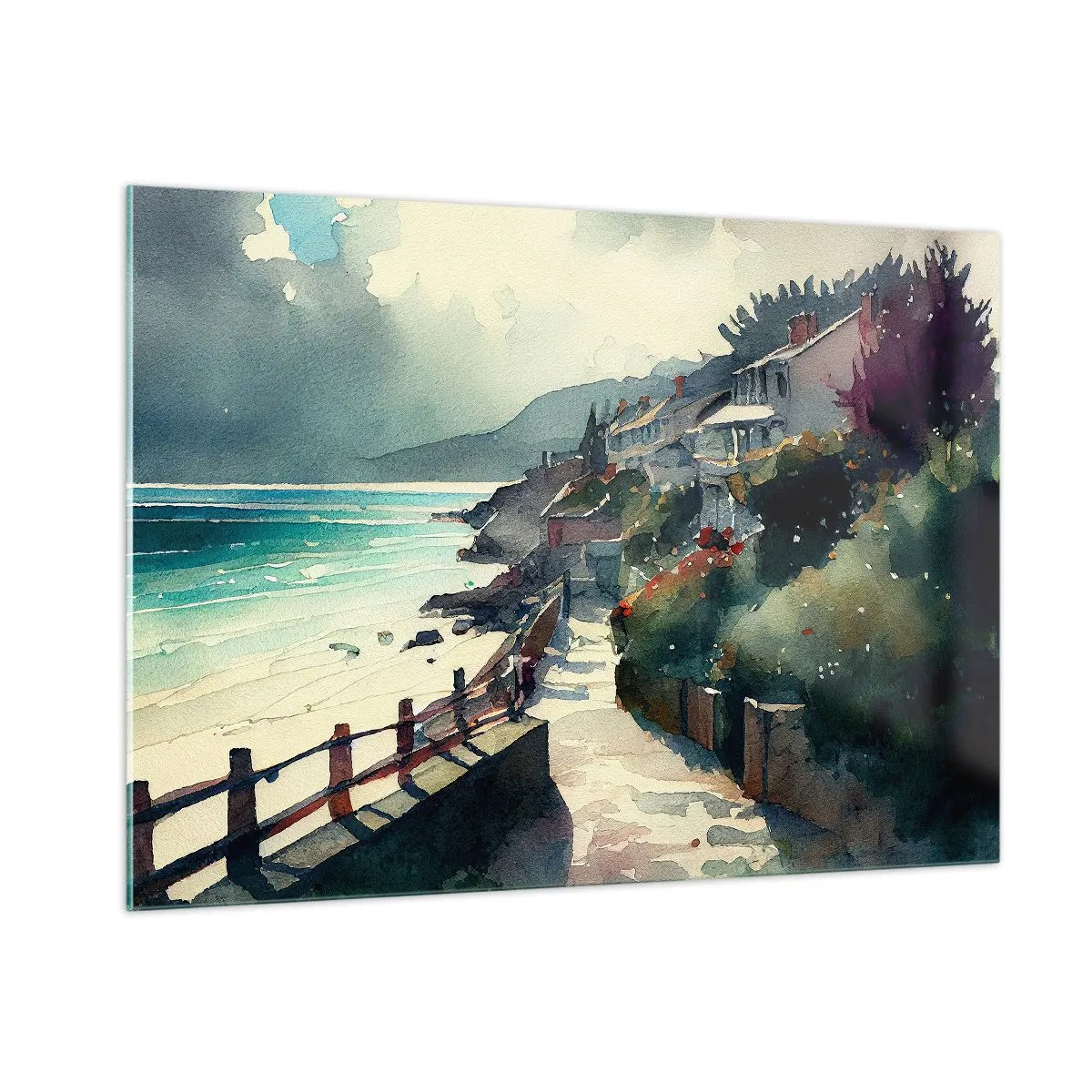 Obraz na szkle - Spacerowa alejka nadmorska przy kolorowych domach i wodzie - 100x70cm - Śródziemnomorskie miasteczko - Nowoczesna dekoracja ścienna do salonu, kuchni i sypialni ARTTOR