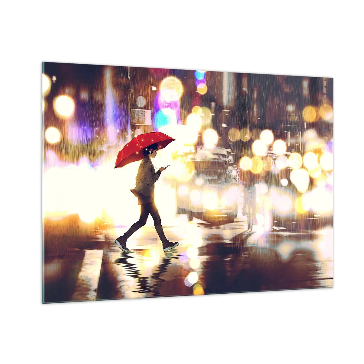Obraz na szkle - Postać z czerwoną parasolką na deszczowej ulicy nocą - 100x70cm - A jednak słoneczna - Nowoczesna dekoracja ścienna do salonu, kuchni i sypialni ARTTOR