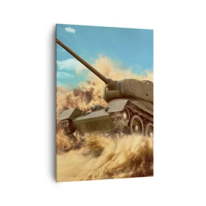 Obraz na płótnie - Czołg w akcji na pustyni, otoczony piaskowym pyłem - 70x100cm - Nie do pokonania - Nowoczesna dekoracja ścienna do salonu i sypialni ARTTOR