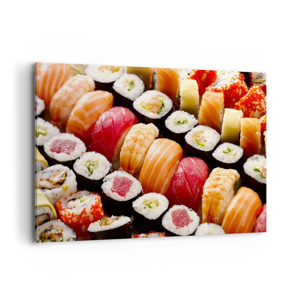 Obraz na płótnie - Kolorowe sushi ułożone w rzędy z różnorodnymi dodatkami - 120x80cm - Barwy i smaki Azji - Nowoczesna dekoracja ścienna do salonu, kuchni i sypialni ARTTOR