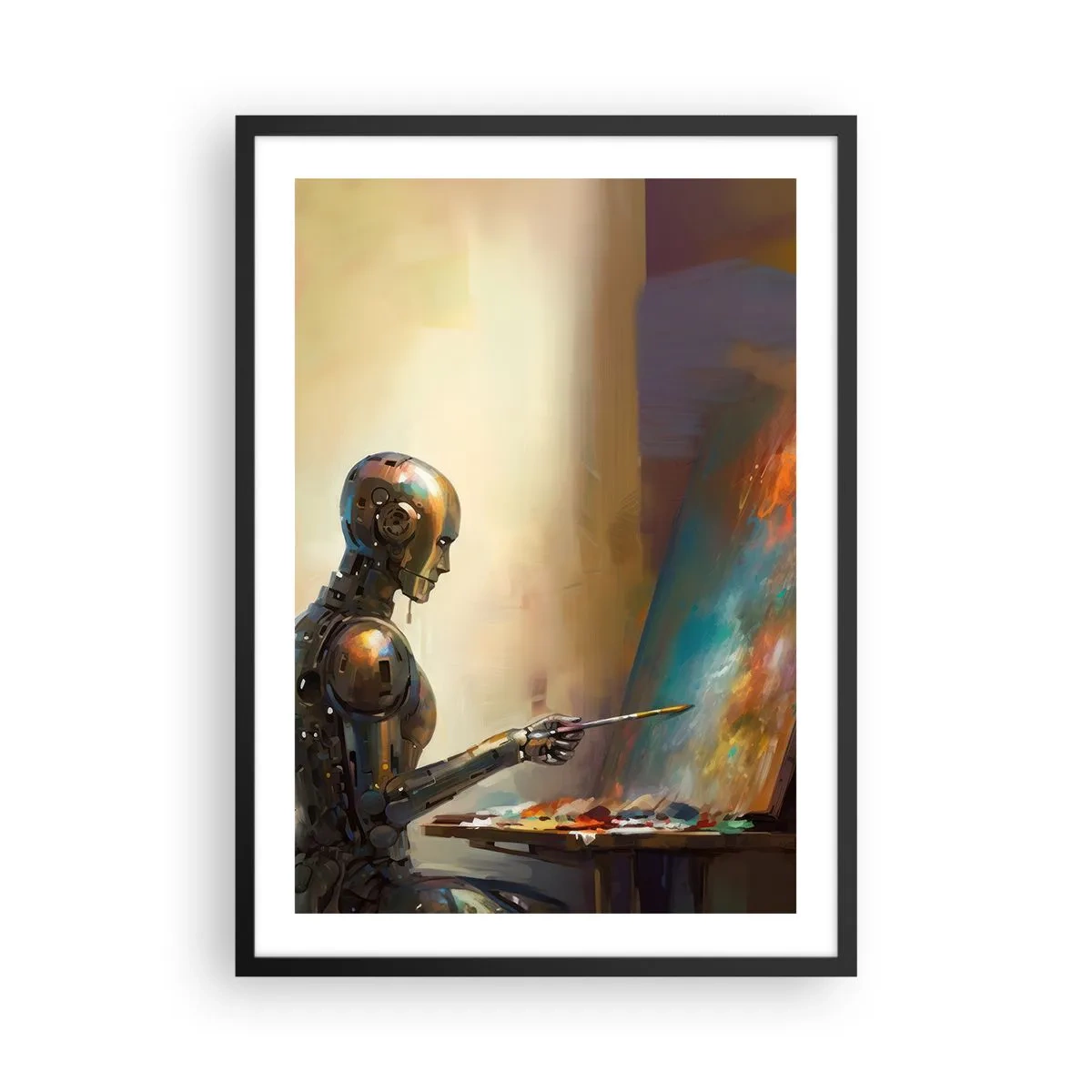 Plakat w czarnej ramie - Robot malarz przy sztaludze w futurystycznym stylu - 50x70cm - Sztuka przyszłości - Nowoczesna dekoracja ścienna do salonu i sypialni ARTTOR