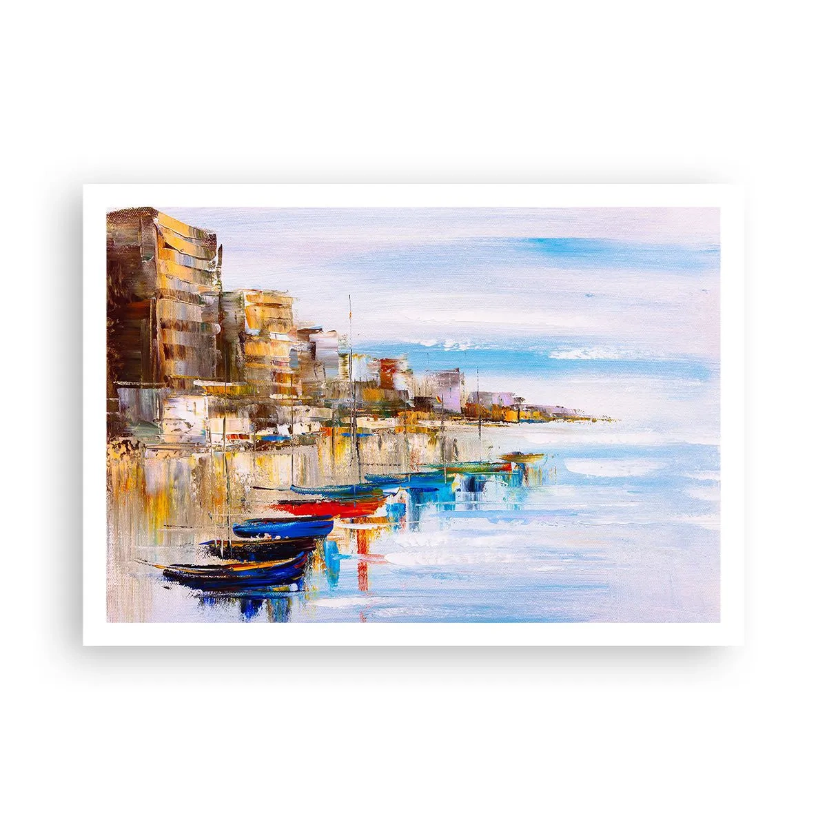 Plakat - Kolorowe łodzie przy brzegu z widokiem na miejską panoramę - 100x70cm - Wielobarwna miejska przystań - Nowoczesna dekoracja ścienna do salonu i sypialni ARTTOR