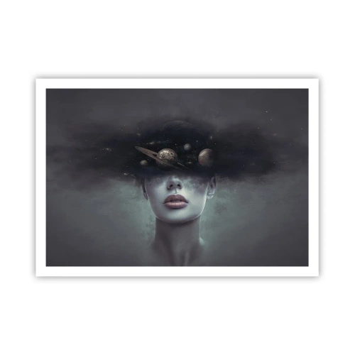 Plakat - Kobieca twarz z motywem planet i kosmosu w tle - 100x70cm - A planety szaleją… - Nowoczesna dekoracja ścienna do salonu i sypialni ARTTOR