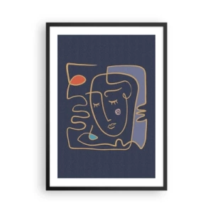Plakat w czarnej ramie - Minimalistyczna abstrakcyjna twarz na granatowym tle w stylu line art - 50x70cm - W zamyśleniu - Nowoczesna dekoracja ścienna do salonu i sypialni ARTTOR