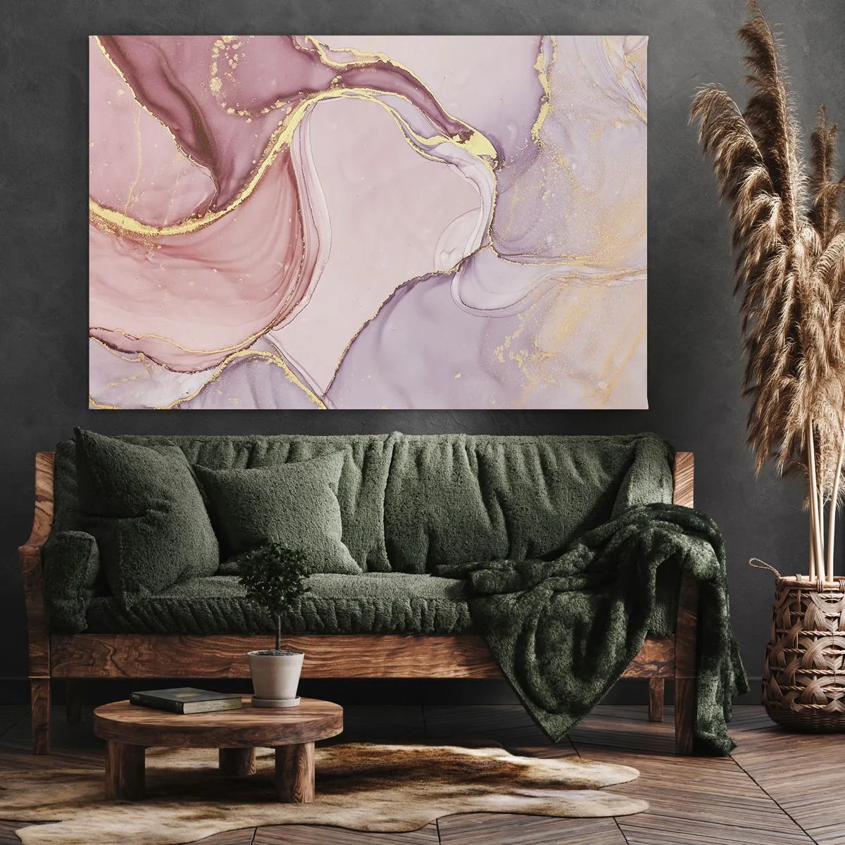 Obraz na płótnie - Delikatne abstrakcyjne wzory w odcieniach różu i złota - 70x50cm - Pieszczota barw - Nowoczesna dekoracja ścienna do salonu i sypialni ARTTOR