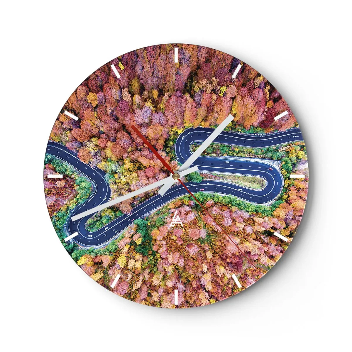 Zegar ścienny - Zakręcona droga przez jesienny las - 30x30cm - Krętą drogą poprzez las - Nowoczesna dekoracja ścienna do salonu, kuchni i sypialni ARTTOR