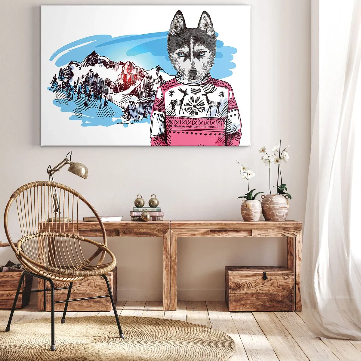Obraz na płótnie - Wilk w zimowym swetrze na tle górskiego krajobrazu - 70x50cm - Wilk w owczej wełnie - Nowoczesna dekoracja ścienna do salonu i sypialni ARTTOR