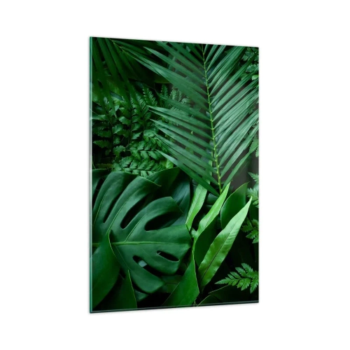 Obraz na szkle - Zielone liście tropikalne w gęstej i naturalnej kompozycji - 80x120cm - Utulone w zieleni - Nowoczesna dekoracja ścienna do salonu i sypialni ARTTOR