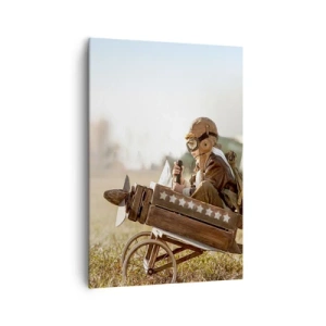 Obraz na płótnie - Dziecko w zabawkowym samolocie na tle pola - 70x100cm - Start ku marzeniu - Nowoczesna dekoracja ścienna do salonu i sypialni ARTTOR