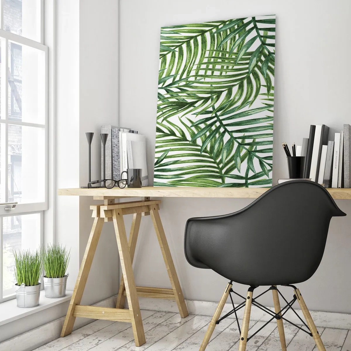 Obraz na szkle - Zielone liście palm na białym tle tworzące geometryczny wzór - 50x70cm - Pod zielonym baldachimem - Nowoczesna dekoracja ścienna do salonu, kuchni i sypialni ARTTOR