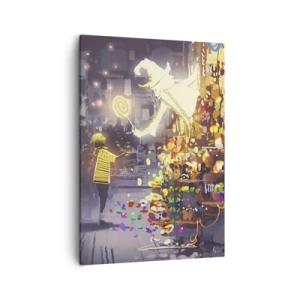 Obraz na płótnie - Postać czarodzieja wśród oświetlonych ulic, oferująca dziecku lizaka - 50x70cm - Czary istnieją - Nowoczesna dekoracja ścienna do salonu, kuchni i sypialni ARTTOR
