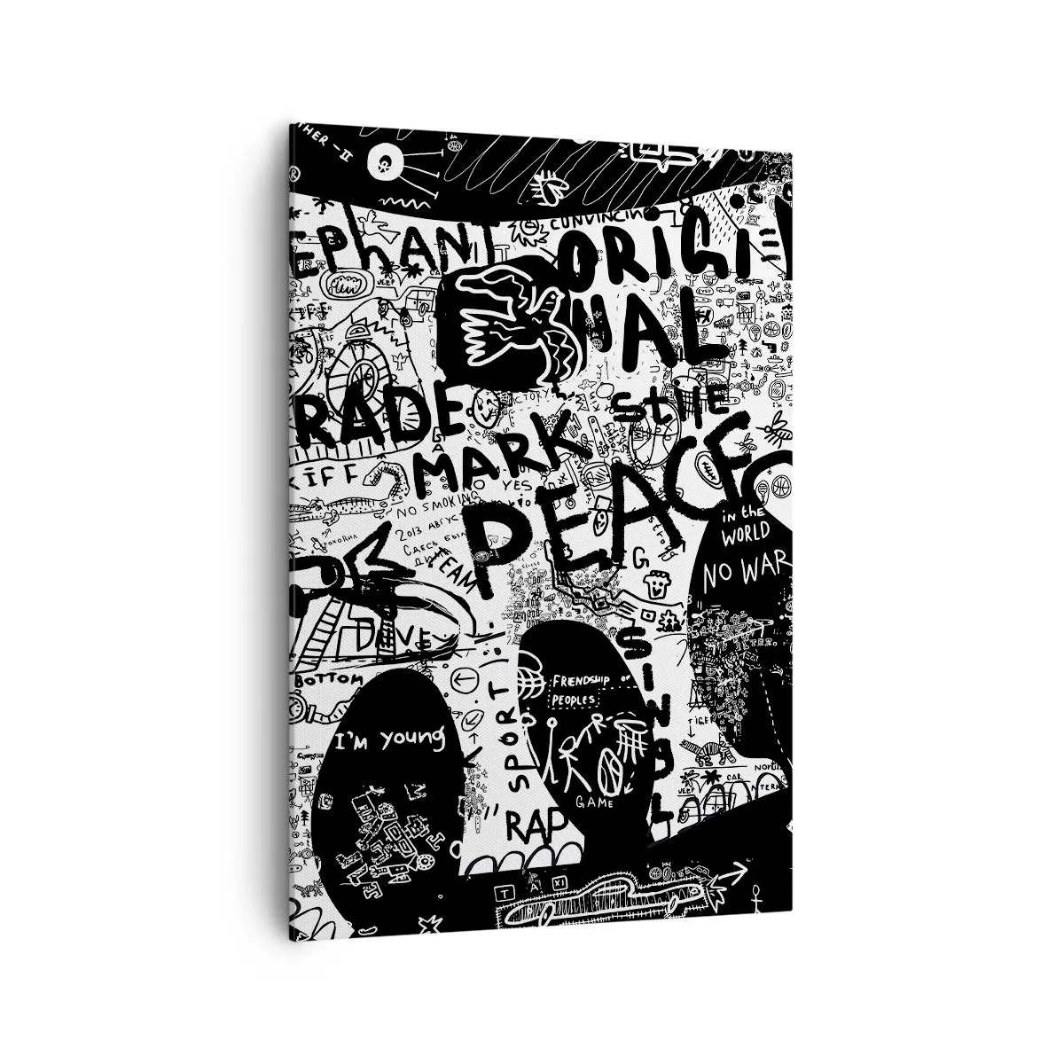 Obraz na płótnie - Czarno-biała grafika z motywami graffiti - 70x100cm - Bogaty świat ulicy - Nowoczesna dekoracja ścienna do salonu i sypialni ARTTOR