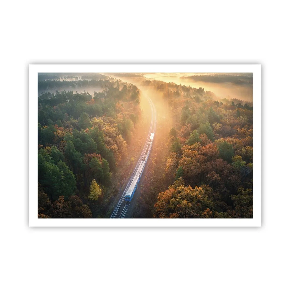 Plakat - Pociąg w jesiennym lesie o świcie - 100x70cm - Jesienna podróż - Nowoczesna dekoracja ścienna do salonu i sypialni ARTTOR