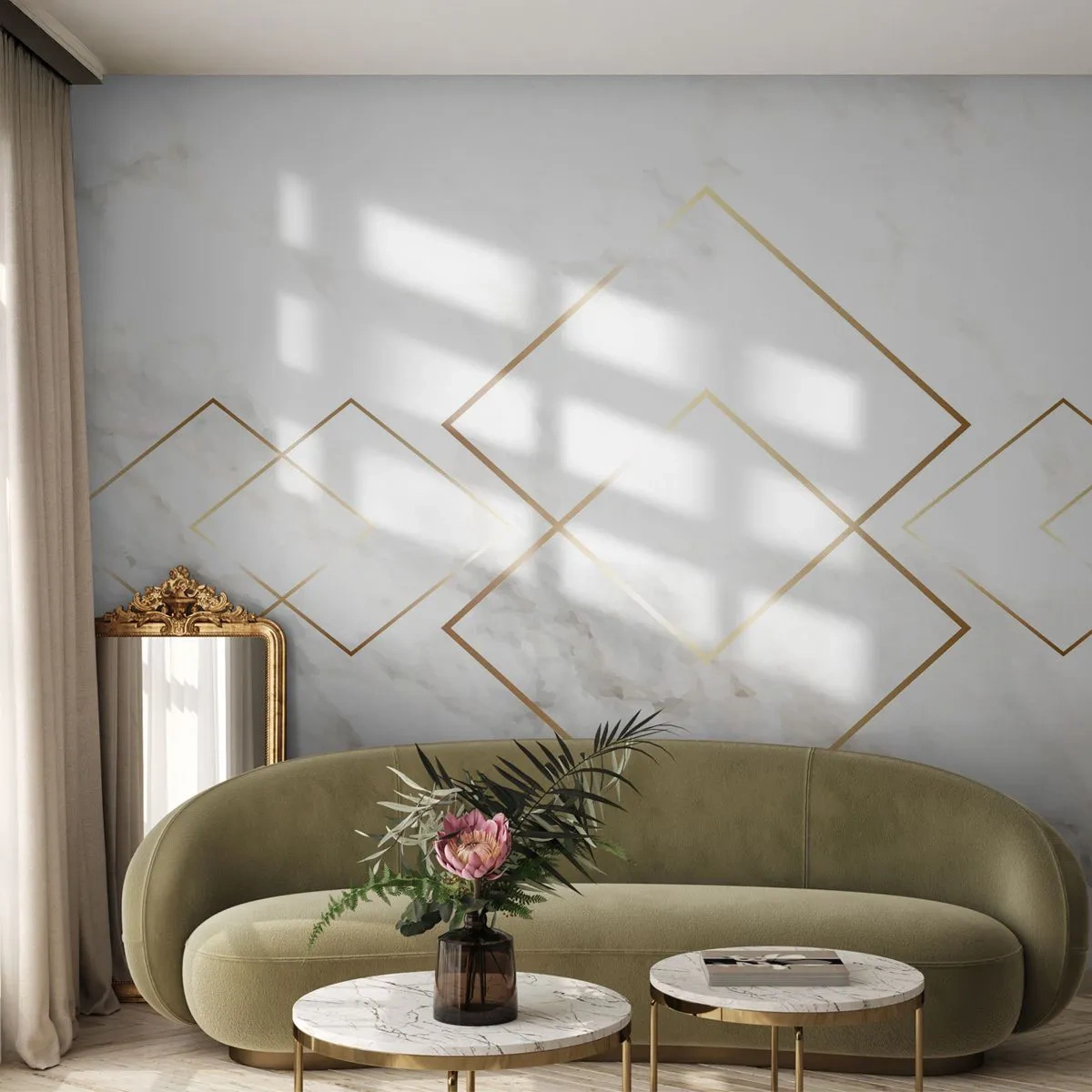 Fototapeta Standard Eco - Białe marmurowe tło ze złotymi geometrycznymi wzorami - 100x70cm - Widok na nieskończoność - Nowoczesna dekoracja ścienna do salonu i sypialni ARTTOR