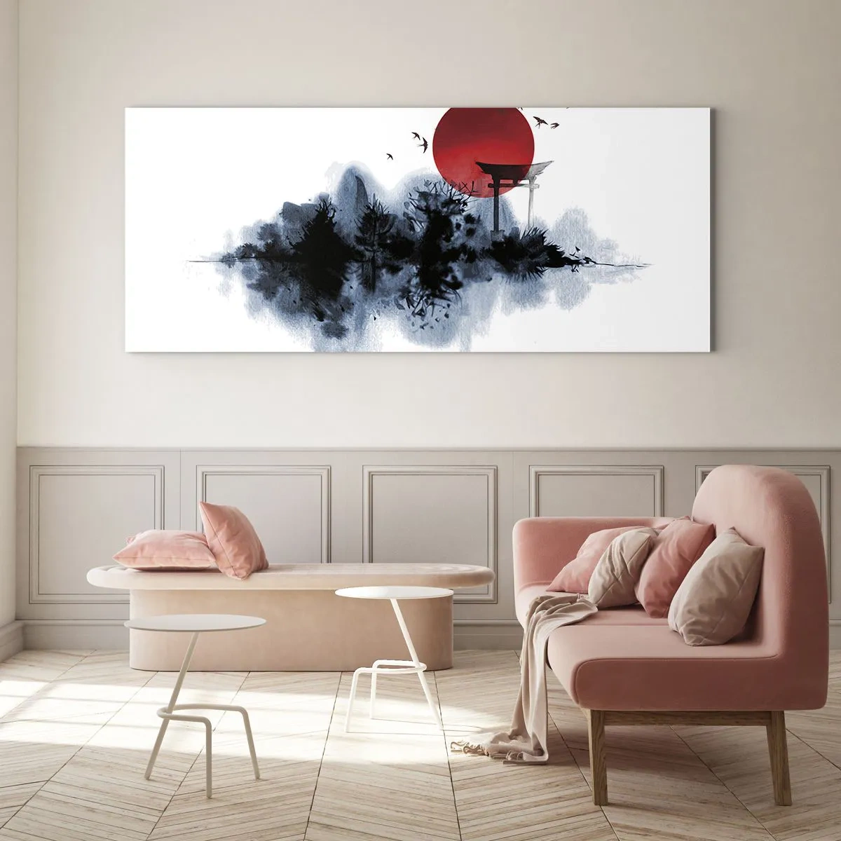 Obraz na szkle - Czerwone słońce nad malowniczym krajobrazem z torii - 120x50cm - Japoński widok - Nowoczesna dekoracja ścienna do salonu i sypialni ARTTOR