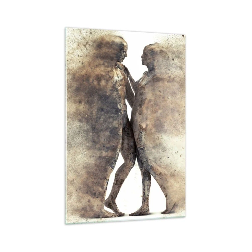 Obraz na szkle - Abstrakcyjny duet sylwetek w piaskowych odcieniach - 70x100cm - Z prochu powstali, by kochać - Nowoczesna dekoracja ścienna do salonu i sypialni ARTTOR