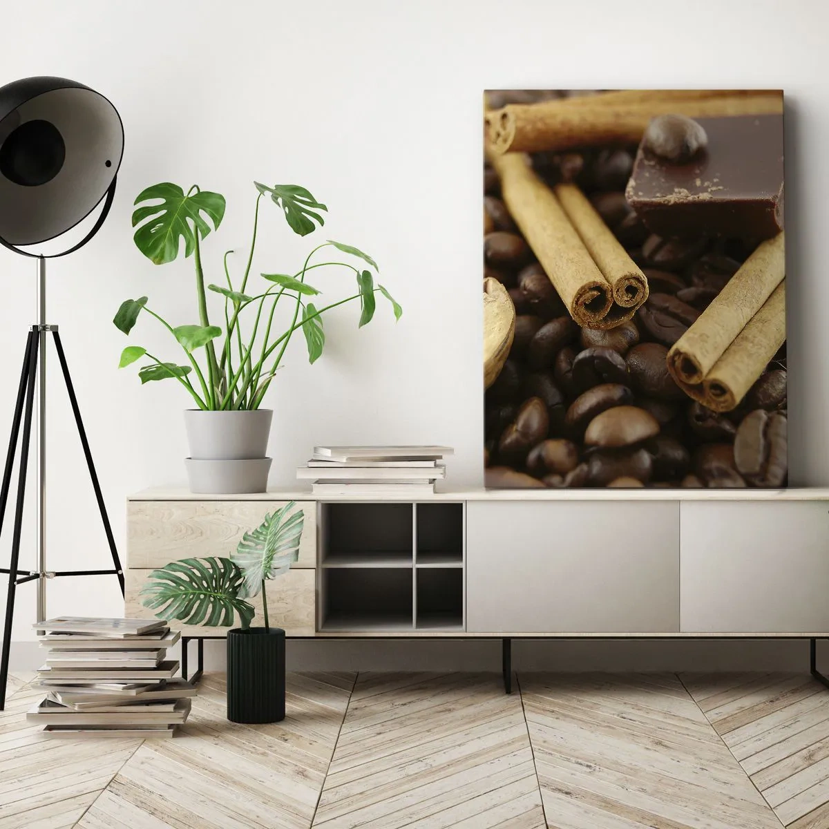Obraz na płótnie - Kawa w ziarnach z laskami cynamonu i kawałkiem czekolady - 50x70cm - Koncert aromatów - Nowoczesna dekoracja ścienna do salonu, kuchni i sypialni ARTTOR