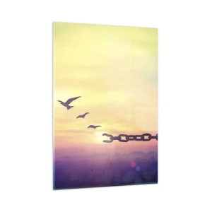 Obraz na szkle - Ptaki w locie na tle łańcucha i zachodu słońca - 50x70cm - Zwycięstwo wolności - Nowoczesna dekoracja ścienna do salonu, kuchni i sypialni ARTTOR