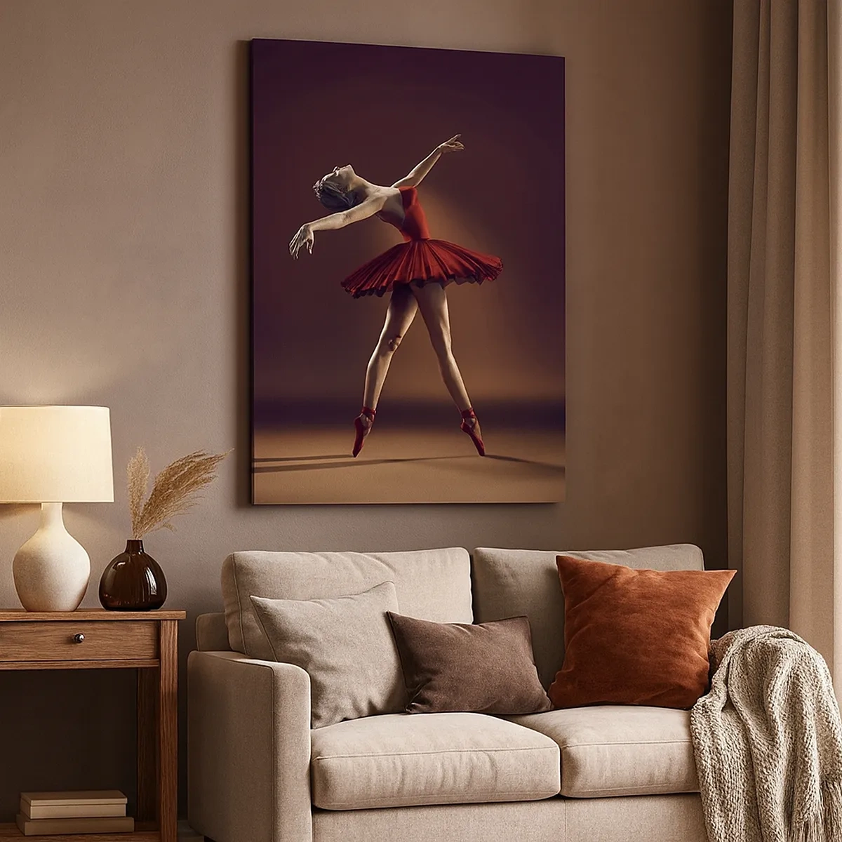 Obraz na płótnie - Baletnica w czerwonej sukience w dynamicznej pozie - 50x70cm - Prima ballerina - Nowoczesna dekoracja ścienna do salonu, kuchni i sypialni ARTTOR