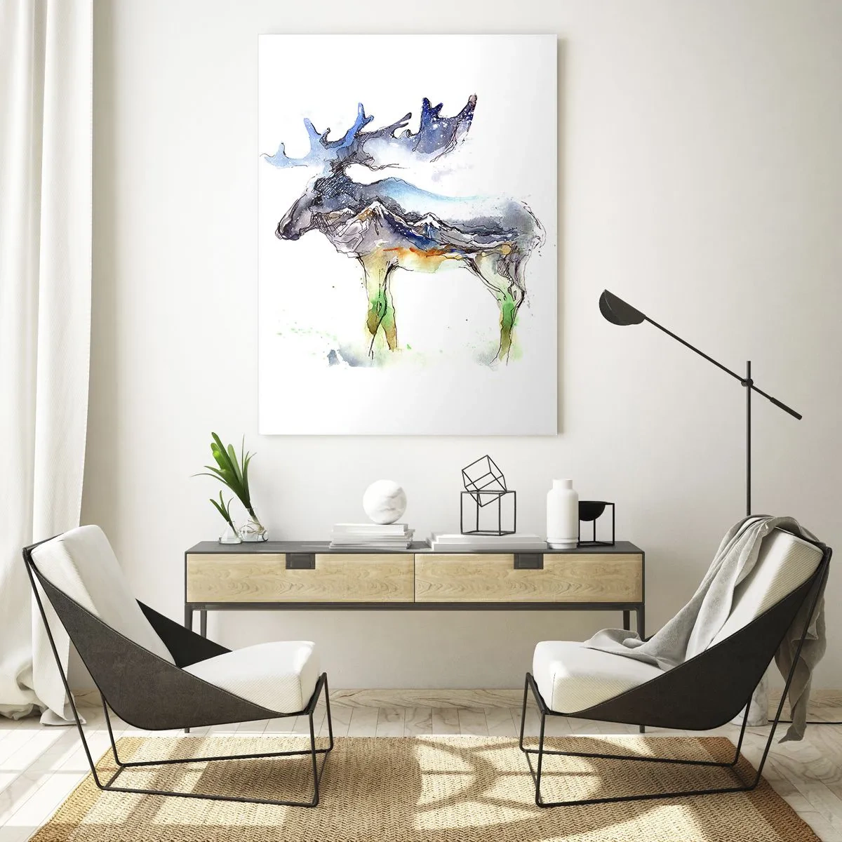 Obraz na szkle - Akwarela łosia z motywem gór w sylwetce - 50x70cm - Bohater zimowej opowieści - Nowoczesna dekoracja ścienna do salonu, kuchni i sypialni ARTTOR